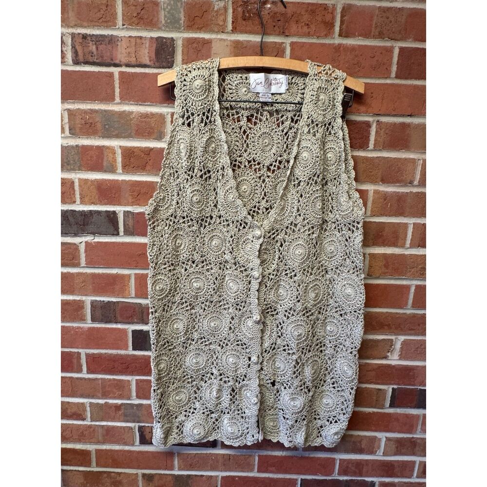 Crochet Cotton Duster Vest Boho Natural Beige Button Down